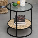 Modern Minimalist Round Glass-Top Side Table with Handwoven Natural Indonesian Rattan — 2-Tier End Table for Living Room