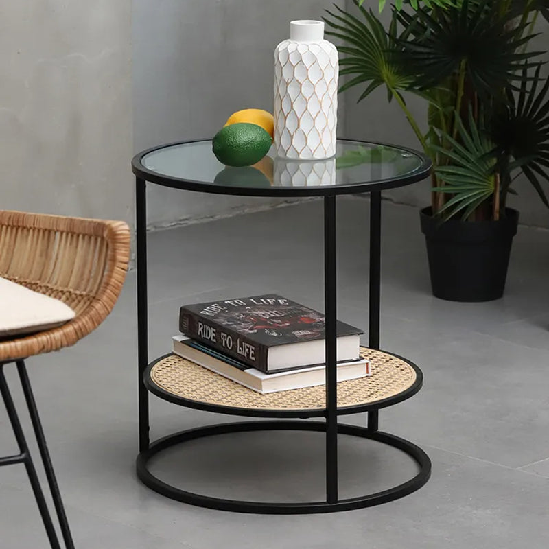 Modern Minimalist Round Glass-Top Side Table with Handwoven Natural Indonesian Rattan — 2-Tier End Table for Living Room