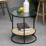 Modern Minimalist Round Glass-Top Side Table with Handwoven Natural Indonesian Rattan — 2-Tier End Table for Living Room
