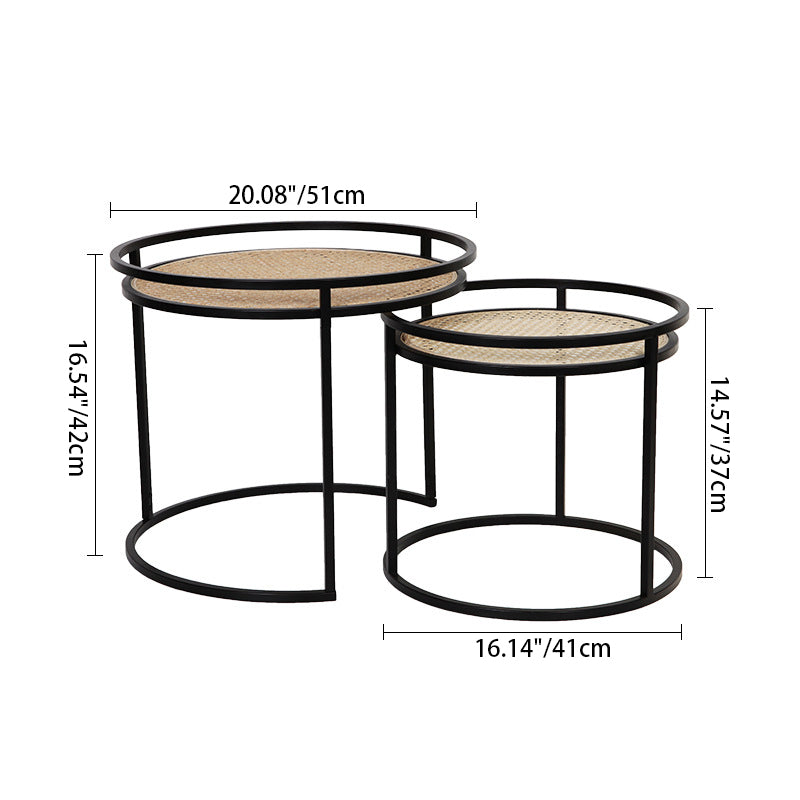 Modern Minimalist Round Iron Side Table Set with Natural Indonesian Rattan — Handwoven Dual End Tables for Living Room
