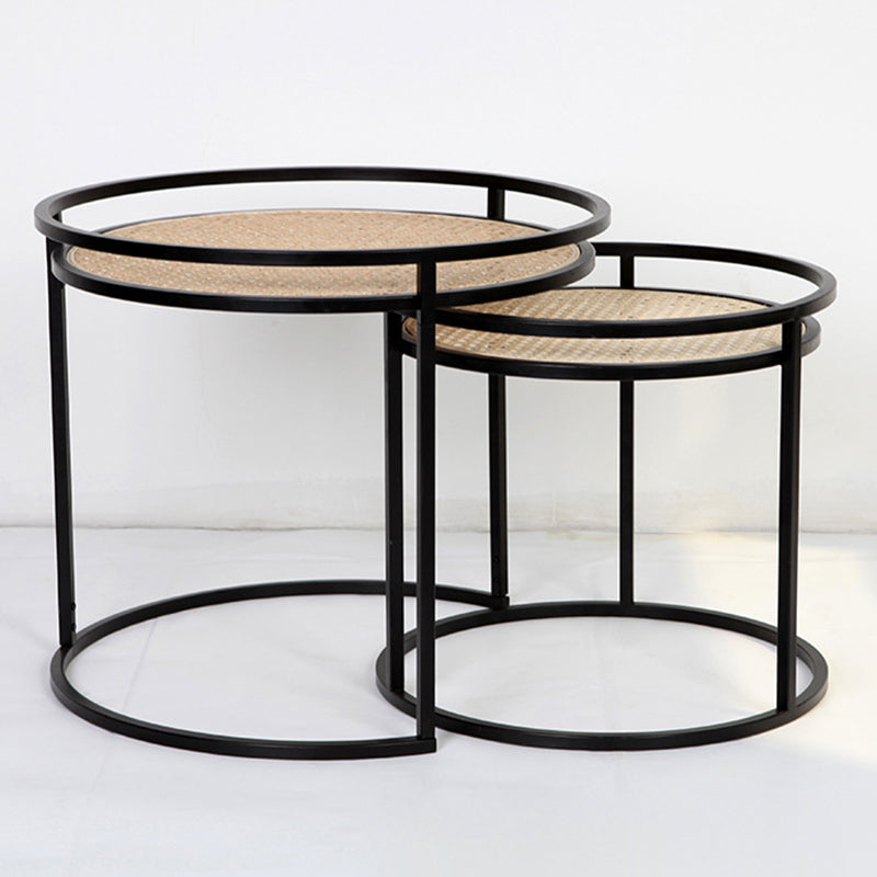 Modern Minimalist Round Iron Side Table Set with Natural Indonesian Rattan — Handwoven Dual End Tables for Living Room