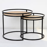 Modern Minimalist Round Iron Side Table Set with Natural Indonesian Rattan — Handwoven Dual End Tables for Living Room