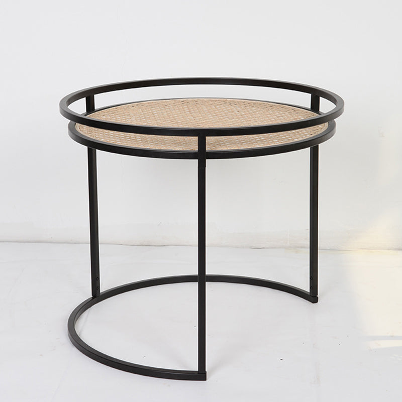 Modern Minimalist Round Iron Side Table Set with Natural Indonesian Rattan — Handwoven Dual End Tables for Living Room