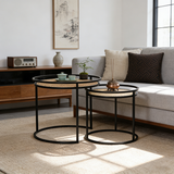 Modern Minimalist Round Iron Side Table Set with Natural Indonesian Rattan — Handwoven Dual End Tables for Living Room