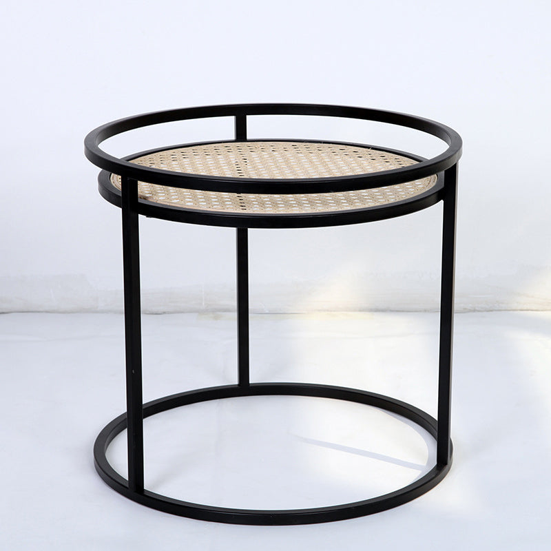 Modern Minimalist Round Iron Side Table Set with Natural Indonesian Rattan — Handwoven Dual End Tables for Living Room