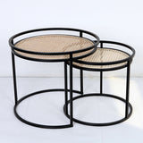 Modern Minimalist Round Iron Side Table Set with Natural Indonesian Rattan — Handwoven Dual End Tables for Living Room