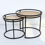Modern Minimalist Round Iron Side Table Set with Natural Indonesian Rattan — Handwoven Dual End Tables for Living Room