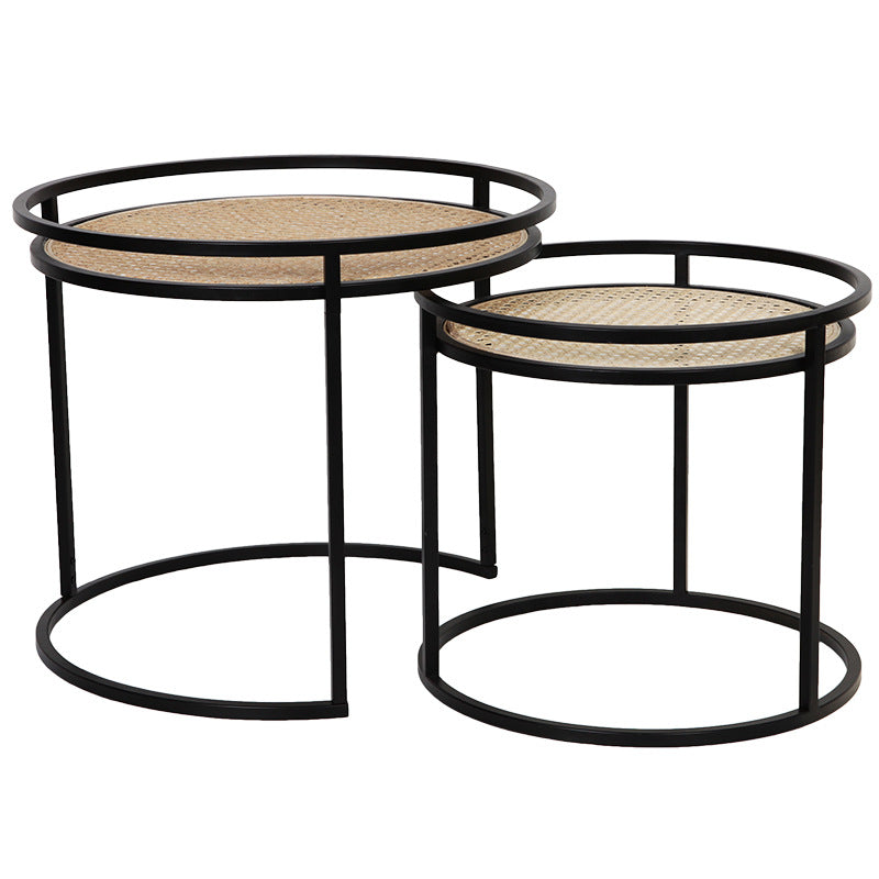 Modern Minimalist Round Iron Side Table Set with Natural Indonesian Rattan — Handwoven Dual End Tables for Living Room