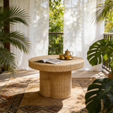 Contemporary Scandinavian Round Coffee Table with Natural Indonesian Rattan – Handwoven, Wood Finish, Ideal Living Room Centerpiece