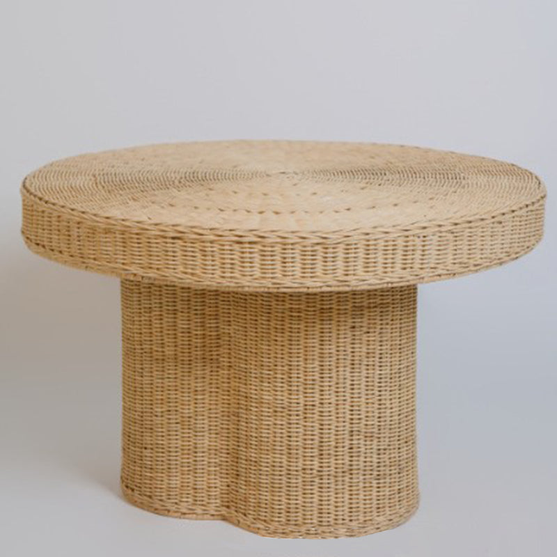 Contemporary Scandinavian Round Coffee Table with Natural Indonesian Rattan – Handwoven, Wood Finish, Ideal Living Room Centerpiece