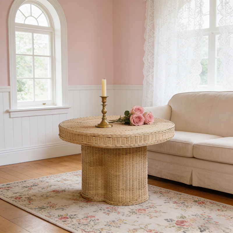 Contemporary Scandinavian Round Coffee Table with Natural Indonesian Rattan – Handwoven, Wood Finish, Ideal Living Room Centerpiece