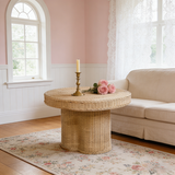 Contemporary Scandinavian Round Coffee Table with Natural Indonesian Rattan – Handwoven, Wood Finish, Ideal Living Room Centerpiece