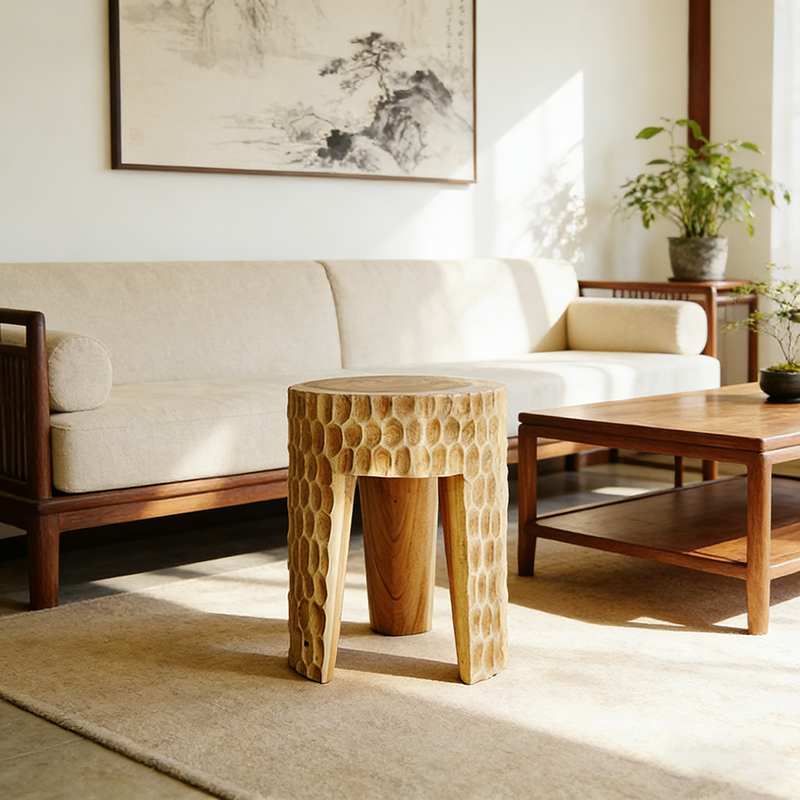 Modern Art Deco Round Side Table with Honeycomb Carving – Solid Wood End Table for Living Room