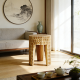 Modern Art Deco Round Side Table with Honeycomb Carving – Solid Wood End Table for Living Room