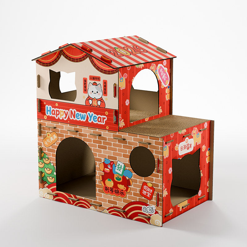Modern Rectangular Cat Scratcher & 2-Tier Cat Bed, Durable Corrugated Cardboard, Grade A Strength for Living Room