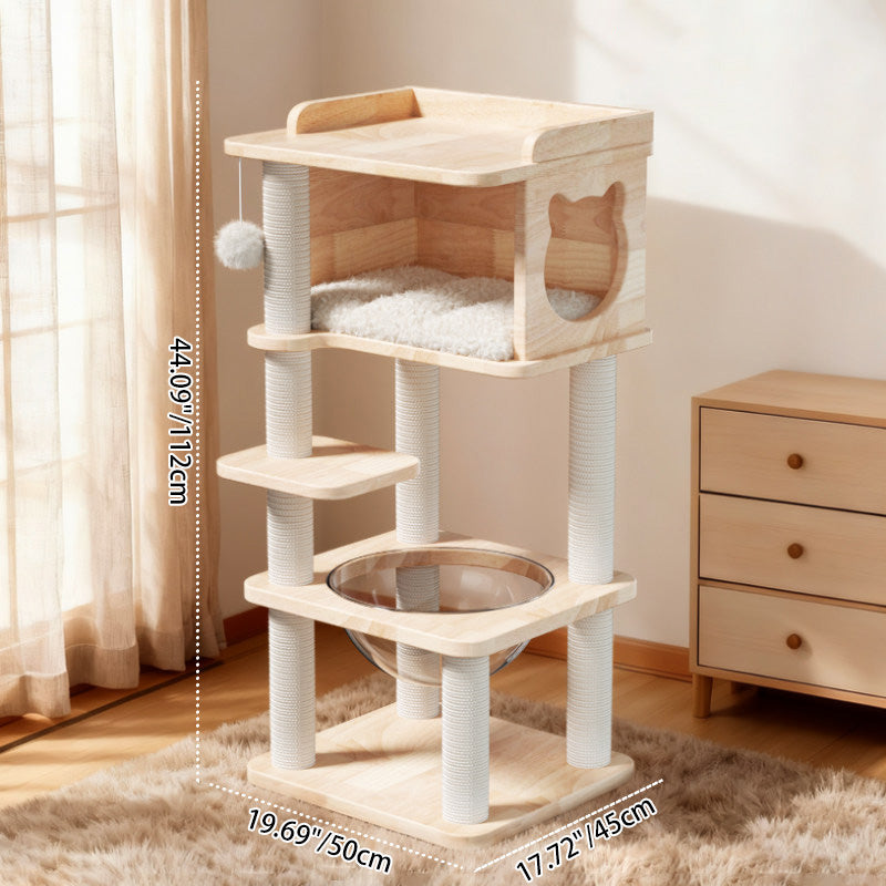 Scandinavian-Style Square Pine Cat Tree – Solid Wood, Hemp Rope, Paper Tube, 4-Tier Living Room Cat Furniture