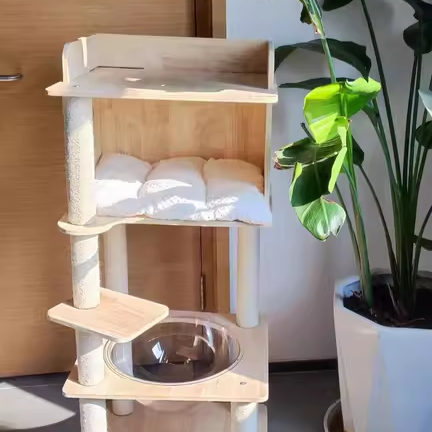 Scandinavian-Style Square Pine Cat Tree – Solid Wood, Hemp Rope, Paper Tube, 4-Tier Living Room Cat Furniture