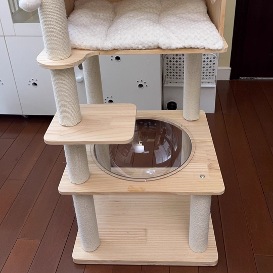 Scandinavian-Style Square Pine Cat Tree – Solid Wood, Hemp Rope, Paper Tube, 4-Tier Living Room Cat Furniture