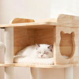 Scandinavian-Style Square Pine Cat Tree – Solid Wood, Hemp Rope, Paper Tube, 4-Tier Living Room Cat Furniture