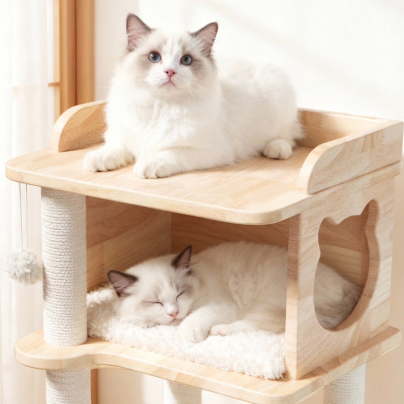 Scandinavian-Style Square Pine Cat Tree – Solid Wood, Hemp Rope, Paper Tube, 4-Tier Living Room Cat Furniture