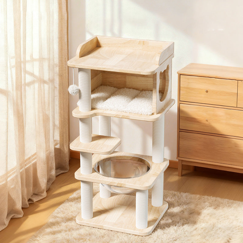 Scandinavian-Style Square Pine Cat Tree – Solid Wood, Hemp Rope, Paper Tube, 4-Tier Living Room Cat Furniture