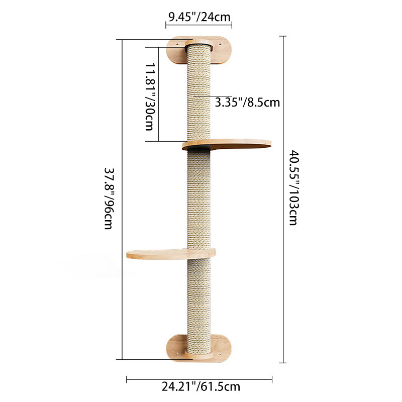 Contemporary Scandinavian Round Rubberwood Cat Tree – 3-Tier Solid Wood with Kraft Paper Rope for Living Room