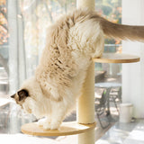 Contemporary Scandinavian Round Rubberwood Cat Tree – 3-Tier Solid Wood with Kraft Paper Rope for Living Room