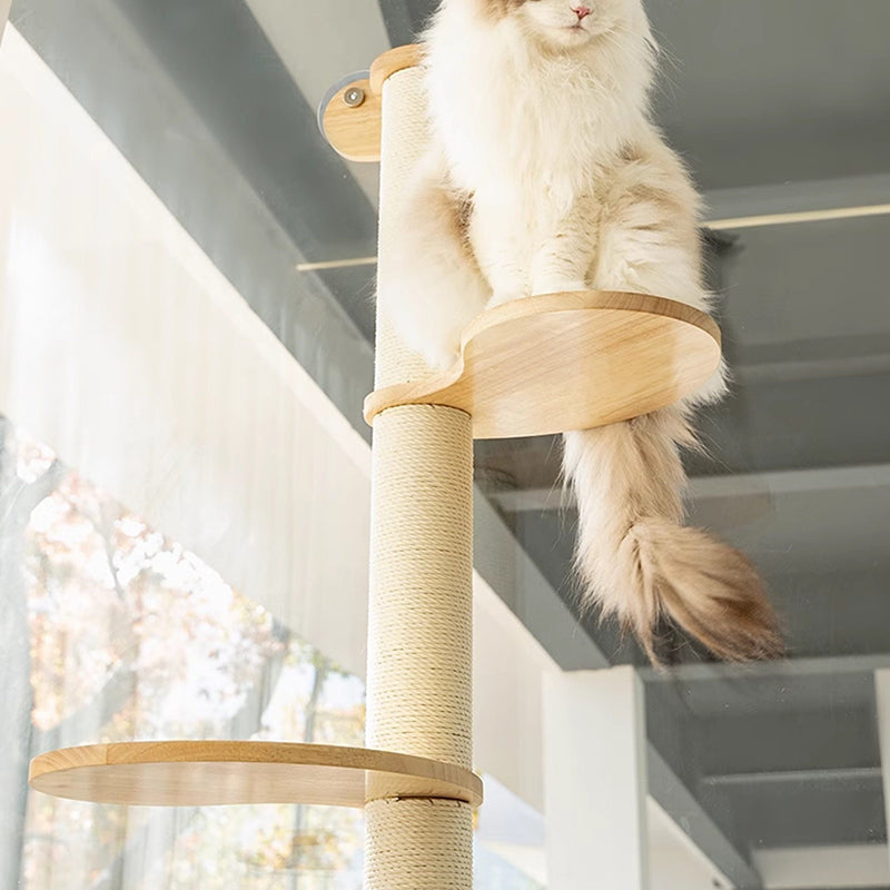 Contemporary Scandinavian Round Rubberwood Cat Tree – 3-Tier Solid Wood with Kraft Paper Rope for Living Room