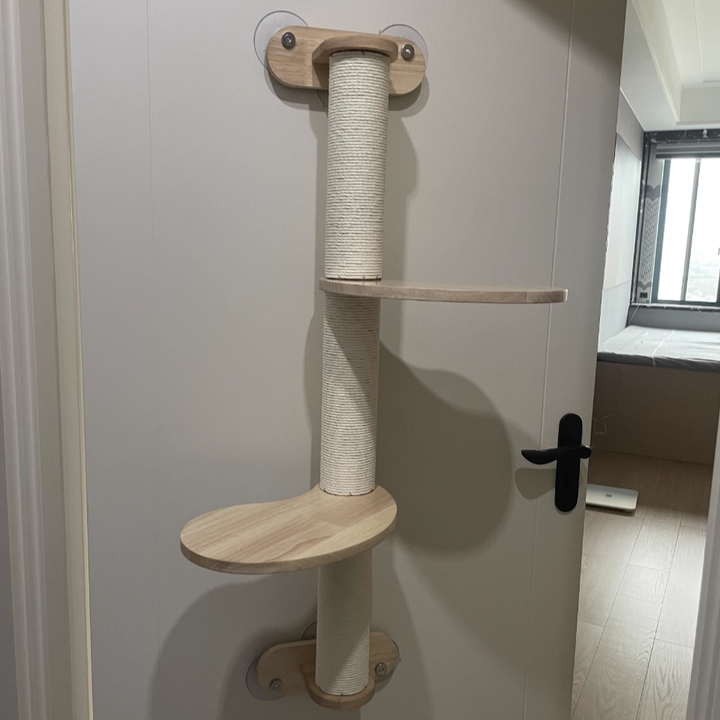 Contemporary Scandinavian Round Rubberwood Cat Tree – 3-Tier Solid Wood with Kraft Paper Rope for Living Room