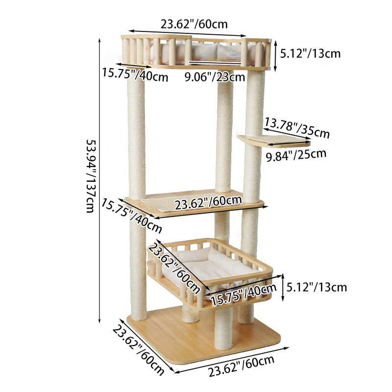 Contemporary Scandinavian 4-Tier Cat Tree — Solid Wood Panels, Velvet Fabric, and Sisal Posts, Square Multi-Layer Design for Living Room