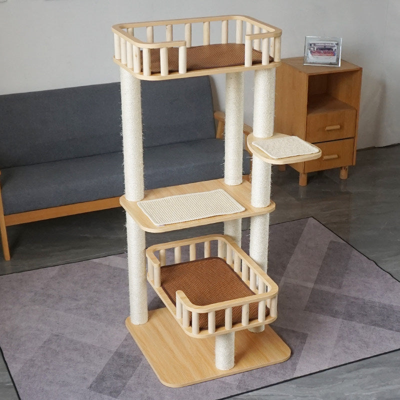 Contemporary Scandinavian 4-Tier Cat Tree — Solid Wood Panels, Velvet Fabric, and Sisal Posts, Square Multi-Layer Design for Living Room