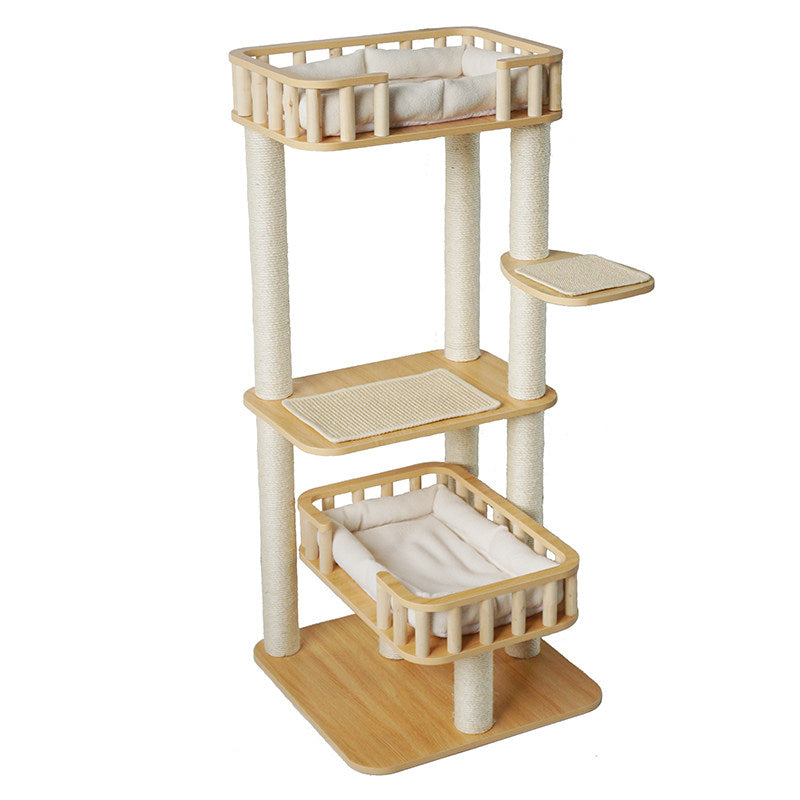 Contemporary Scandinavian 4-Tier Cat Tree — Solid Wood Panels, Velvet Fabric, and Sisal Posts, Square Multi-Layer Design for Living Room