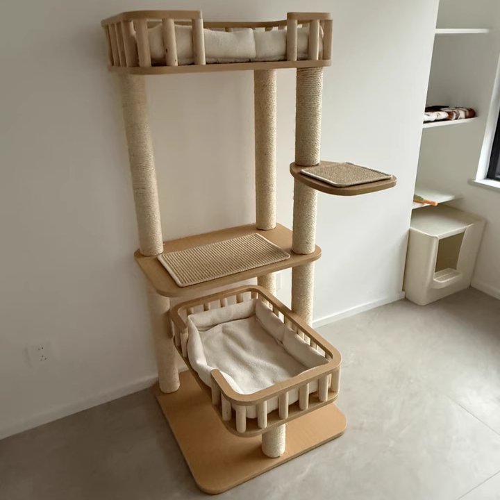 Contemporary Scandinavian 4-Tier Cat Tree — Solid Wood Panels, Velvet Fabric, and Sisal Posts, Square Multi-Layer Design for Living Room