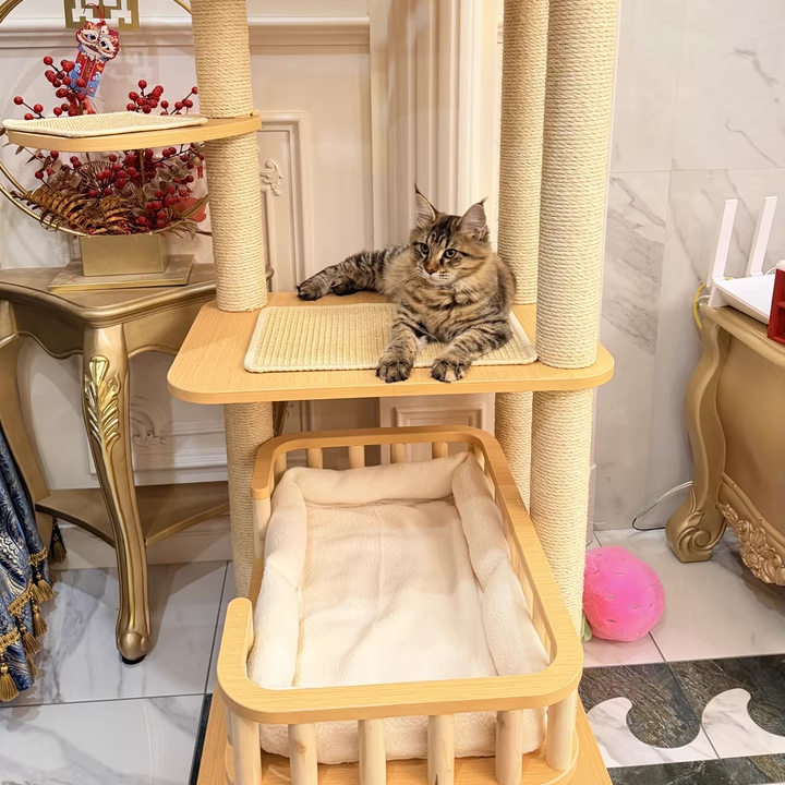 Contemporary Scandinavian 4-Tier Cat Tree — Solid Wood Panels, Velvet Fabric, and Sisal Posts, Square Multi-Layer Design for Living Room