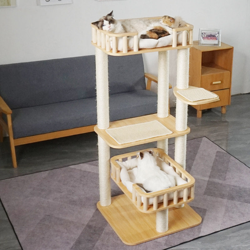 Contemporary Scandinavian 4-Tier Cat Tree — Solid Wood Panels, Velvet Fabric, and Sisal Posts, Square Multi-Layer Design for Living Room