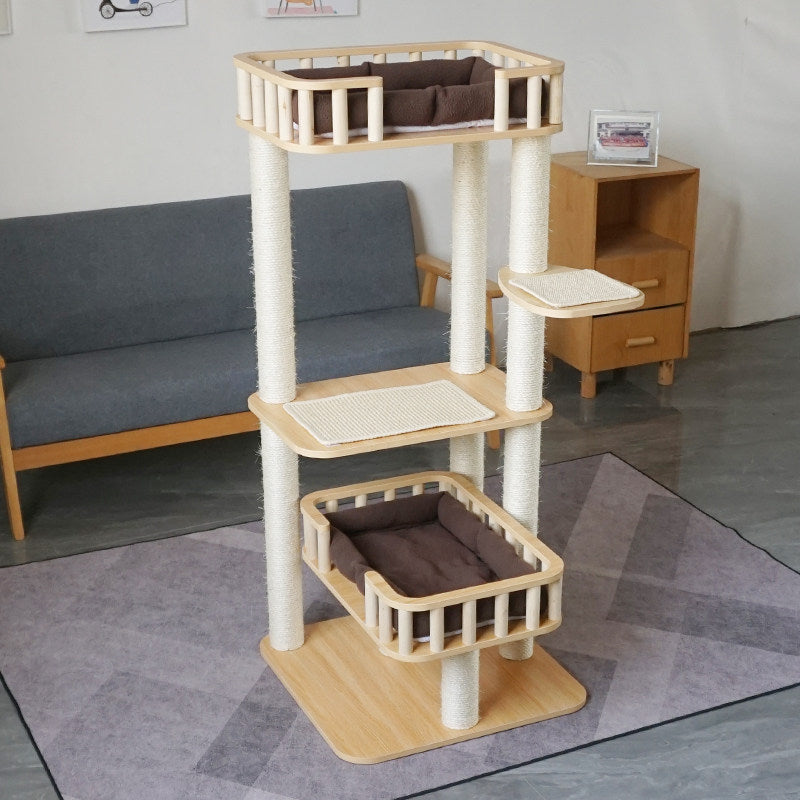 Contemporary Scandinavian 4-Tier Cat Tree — Solid Wood Panels, Velvet Fabric, and Sisal Posts, Square Multi-Layer Design for Living Room