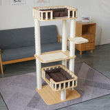 Contemporary Scandinavian 4-Tier Cat Tree — Solid Wood Panels, Velvet Fabric, and Sisal Posts, Square Multi-Layer Design for Living Room