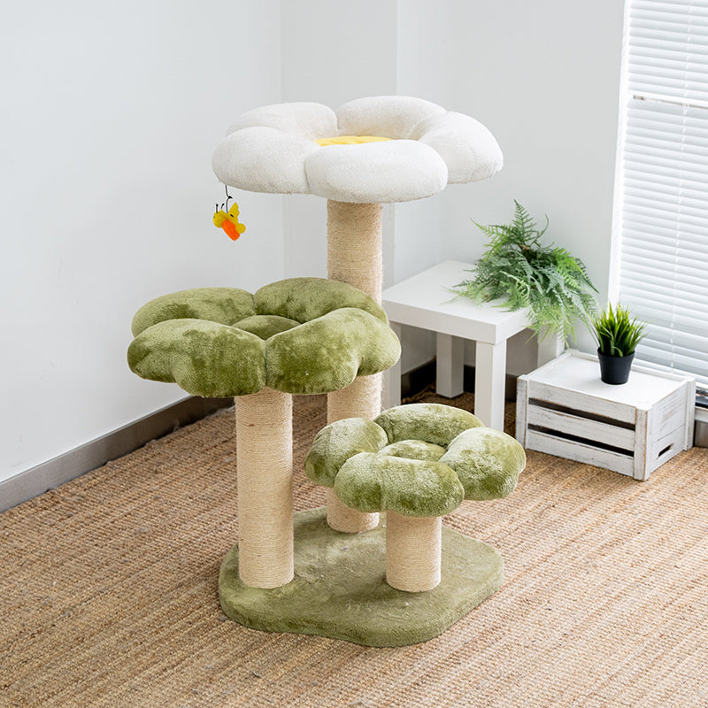 Stylish Contemporary Round Cat Tree with Velvet Fabric and Sisal – 3-Tier Particleboard Cat Tower for Living Room