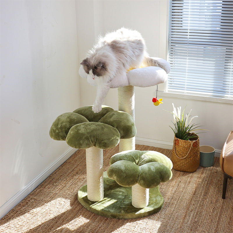 Stylish Contemporary Round Cat Tree with Velvet Fabric and Sisal – 3-Tier Particleboard Cat Tower for Living Room