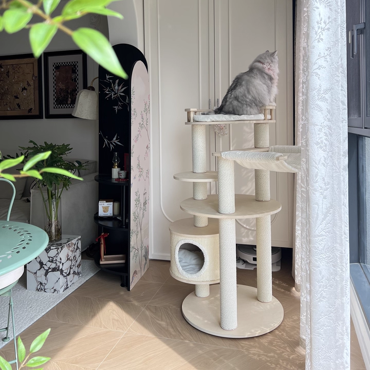 Contemporary Scandinavian Round 5-Tier Cat Tree with Multi-Layer Solid Wood Panels, Particleboard & Fiberboard, Velvet Fabric, Paper Rope & Paper Tube – Living Room