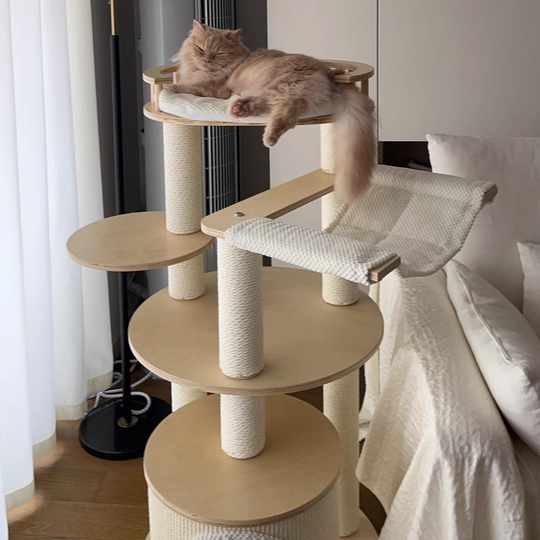 Contemporary Scandinavian Round 5-Tier Cat Tree with Multi-Layer Solid Wood Panels, Particleboard & Fiberboard, Velvet Fabric, Paper Rope & Paper Tube – Living Room
