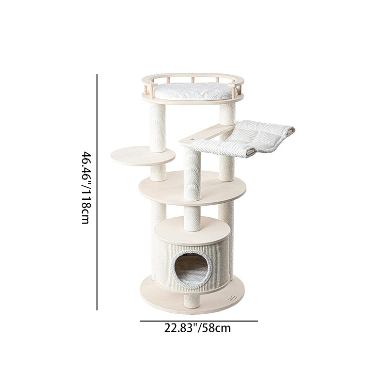 Contemporary Scandinavian Round 5-Tier Cat Tree with Multi-Layer Solid Wood Panels, Particleboard & Fiberboard, Velvet Fabric, Paper Rope & Paper Tube – Living Room