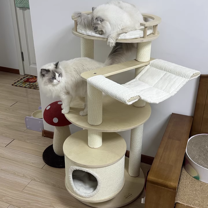 Contemporary Scandinavian Round 5-Tier Cat Tree with Multi-Layer Solid Wood Panels, Particleboard & Fiberboard, Velvet Fabric, Paper Rope & Paper Tube – Living Room