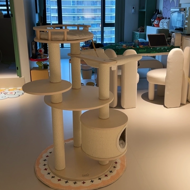 Contemporary Scandinavian Round 5-Tier Cat Tree with Multi-Layer Solid Wood Panels, Particleboard & Fiberboard, Velvet Fabric, Paper Rope & Paper Tube – Living Room