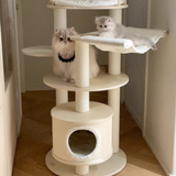 Contemporary Scandinavian Round 5-Tier Cat Tree with Multi-Layer Solid Wood Panels, Particleboard & Fiberboard, Velvet Fabric, Paper Rope & Paper Tube – Living Room