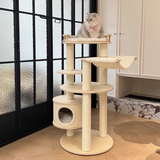 Contemporary Scandinavian Round 5-Tier Cat Tree with Multi-Layer Solid Wood Panels, Particleboard & Fiberboard, Velvet Fabric, Paper Rope & Paper Tube – Living Room