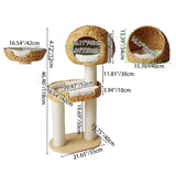 Traditional Farmhouse Round 3-Tier Cat Tree — Solid Wood Panels, PE Faux Rattan, Kraft Paper Rope, Velvet Fabric & Sisal, Multi-Layer Living Room Cat Furniture