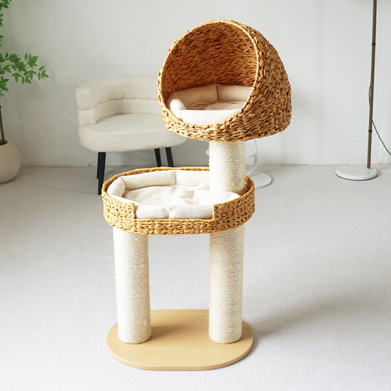 Traditional Farmhouse Round 3-Tier Cat Tree — Solid Wood Panels, PE Faux Rattan, Kraft Paper Rope, Velvet Fabric & Sisal, Multi-Layer Living Room Cat Furniture