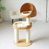 Traditional Farmhouse Round 3-Tier Cat Tree — Solid Wood Panels, PE Faux Rattan, Kraft Paper Rope, Velvet Fabric & Sisal, Multi-Layer Living Room Cat Furniture