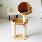 Traditional Farmhouse Round 3-Tier Cat Tree — Solid Wood Panels, PE Faux Rattan, Kraft Paper Rope, Velvet Fabric & Sisal, Multi-Layer Living Room Cat Furniture